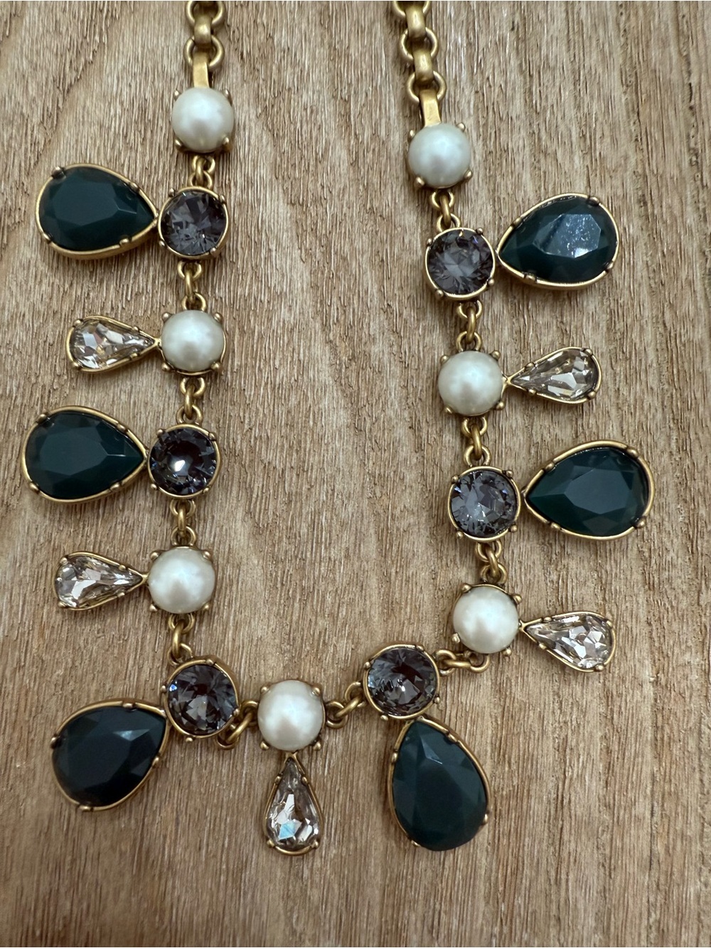 J.Crew Statement Necklace with Dark Green Tear-Drop Stones & Pearls - Picture 3 of 7